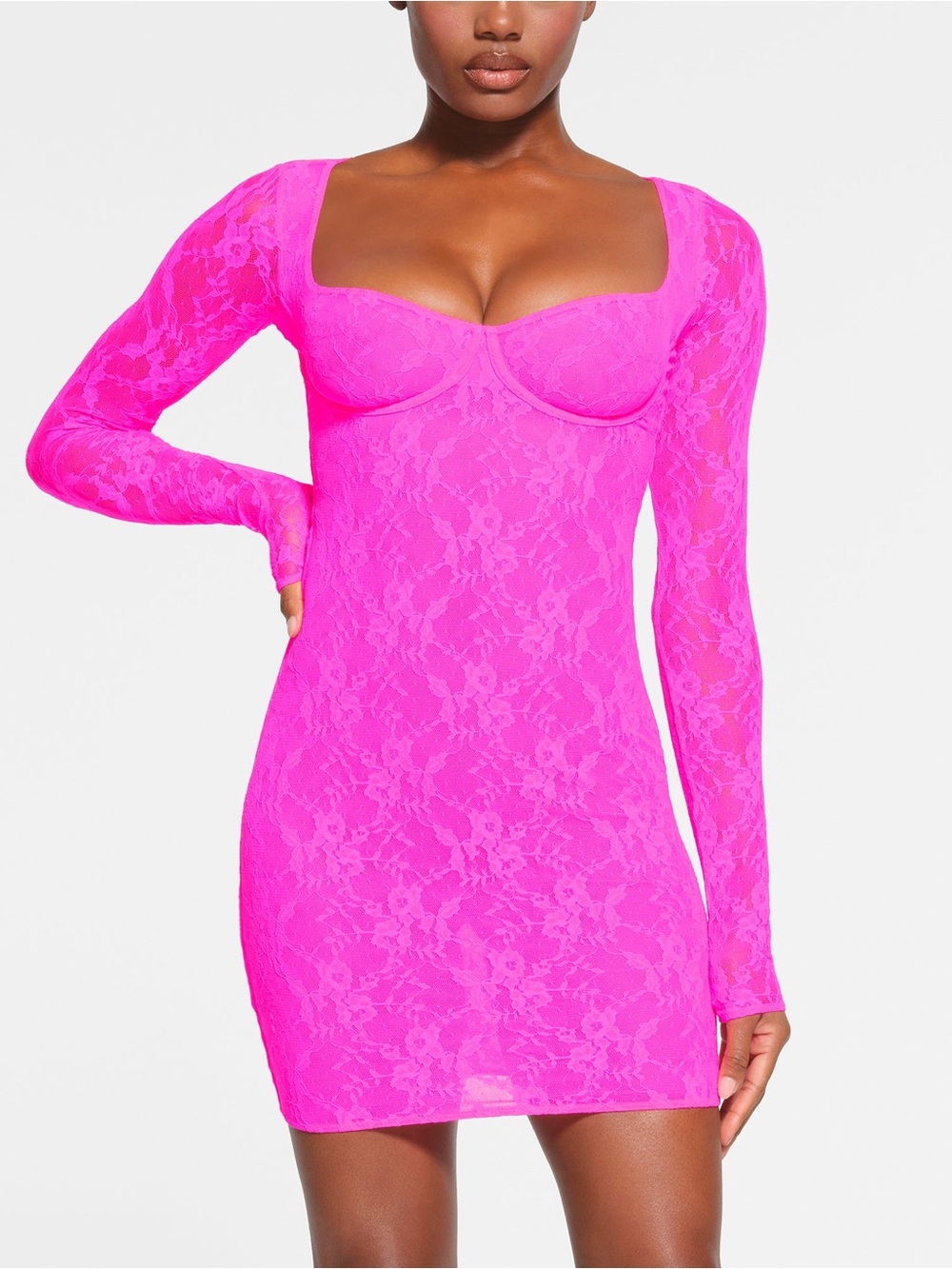 SKIMS Stretch Lace Underwire Long Sleeve Dress